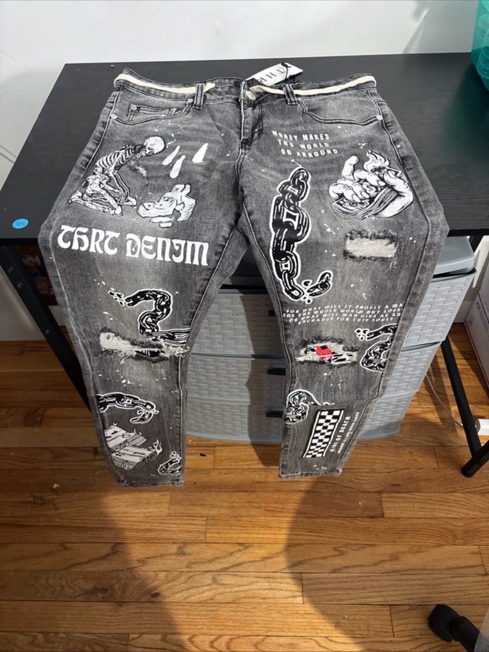 Graphic Black Men's Denim Jeans with Distressed & Print Details